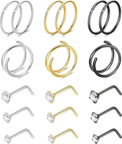 18PCS 20G G23 Titanium Nose Rings for Women Men Pure Titanium Double Nose Rings Hoops for Sensitive Skin L Shaped Screw Bone Nose Studs Hypoallergenic CZ Nose Stud Piercing Jewelry in Saudi Arabia