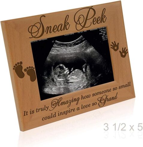 KATE POSH - إطار Sonogram Sneak Peek - خشب طبيعي منقوش، هدايا للأب الجديد، هدايا للأم الجديدة (3 1/2 × 5 أفقيًا) in Saudi Arabia