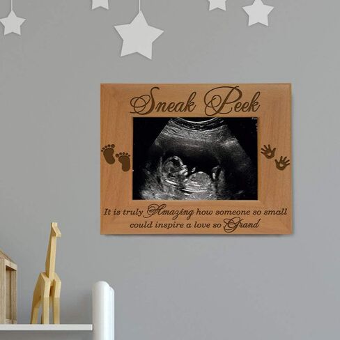 KATE POSH - إطار Sonogram Sneak Peek - خشب طبيعي منقوش، هدايا للأب الجديد، هدايا للأم الجديدة (3 1/2 × 5 أفقيًا) in Saudi Arabia