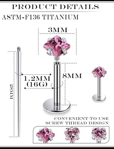 16G F136 Titanium Lip Rings CZ Labret Jewelry Internally Threaded Monroe Lip Ring Medusa Snake Bite Piercing Jewelry Conch Tragus Forward Helix Cartilage Earring Studs Piercing Jewelry in Kuwait