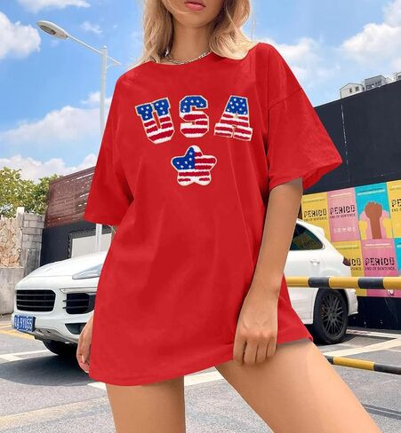 Oversized USA Shirt Patriotic Tshirt - Women American Flag Shirts 4th of July Tee Independence Day Casual Tee Tops in Saudi Arabia