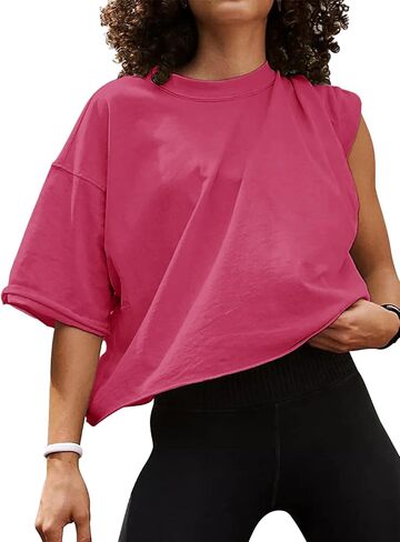 Womens Oversized Crop Tops Workout T-shirt Half Sleeve Drop Shoulder Tees Junior Teen Girls Running Gym Shirt in Kuwait