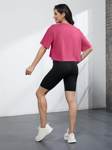 Womens Oversized Crop Tops Workout T-shirt Half Sleeve Drop Shoulder Tees Junior Teen Girls Running Gym Shirt in Kuwait