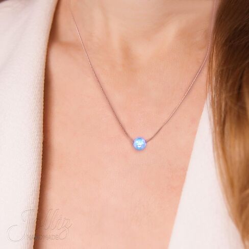 Blue Opal Necklace For Woman – 925 Black Sterling Silver 16 Inch Wire Cable Chain + 2 Inch Extender – Thin Cute Cable Wire Blue Opal Jewelry in Kuwait