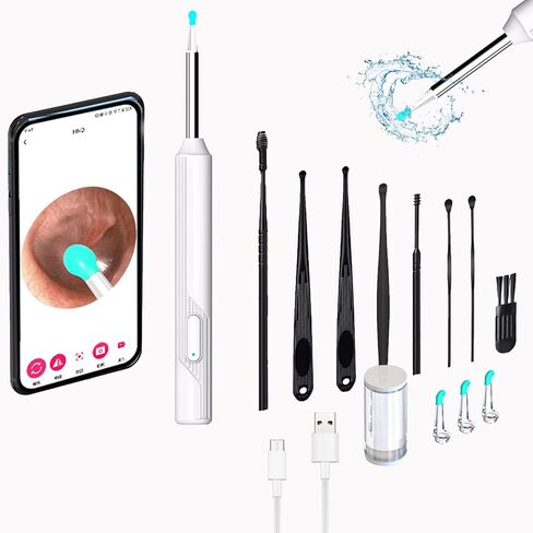 Ear Wax Removal Tool with Camera,Wireless Otoscope Camera with 6 LED Light for iOS and Android，4 Replacement Tips + 8 Pcs Ear Cleaning Kit (Black) in Saudi Arabia