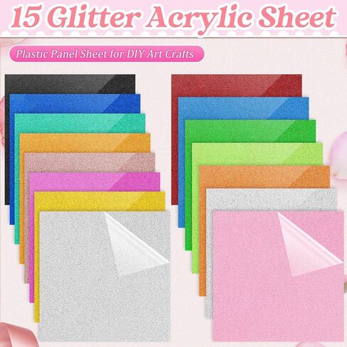 Fabbay 15 Pcs Glitter Acrylic Sheets Colored Translucent Glitter Plastic Sheet with 1/8 Inch Thickness Glossy Acrylic Blanks for Laser Cutting Art Craft Sawing Engraving DIY Decoration (8 x 8 Inch) in Saudi Arabia