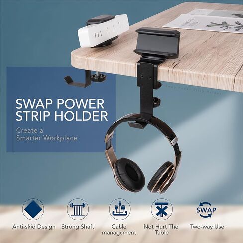 EHO Desk Clamp Power Strip Mount Holder with Bag Hook, Headphone Arm, 180° Rotatable Adjustable Under Desk Cable Management Organizer for Table, Office, Work Bench, No Drill Fits 1.6" to 2.4" Width in Kuwait
