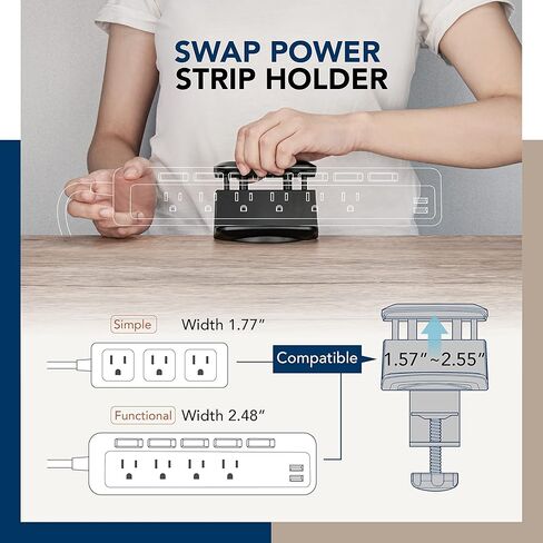 EHO Desk Clamp Power Strip Mount Holder with Bag Hook, Headphone Arm, 180° Rotatable Adjustable Under Desk Cable Management Organizer for Table, Office, Work Bench, No Drill Fits 1.6" to 2.4" Width in Kuwait