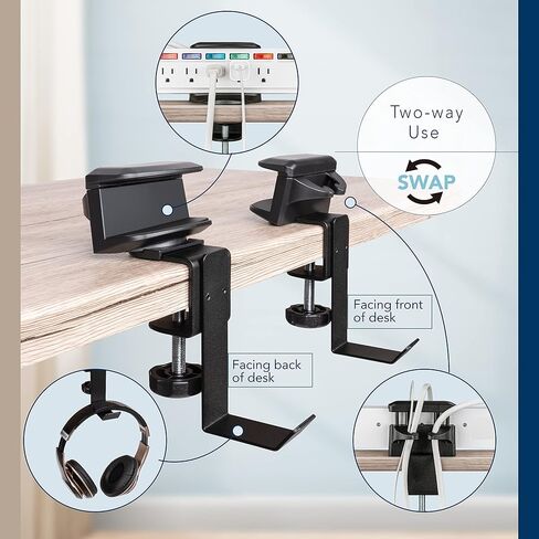 EHO Desk Clamp Power Strip Mount Holder with Bag Hook, Headphone Arm, 180° Rotatable Adjustable Under Desk Cable Management Organizer for Table, Office, Work Bench, No Drill Fits 1.6" to 2.4" Width in Kuwait