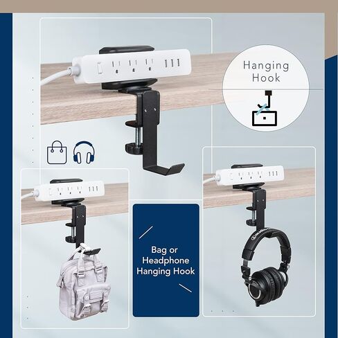 EHO Desk Clamp Power Strip Mount Holder with Bag Hook, Headphone Arm, 180° Rotatable Adjustable Under Desk Cable Management Organizer for Table, Office, Work Bench, No Drill Fits 1.6" to 2.4" Width in Kuwait