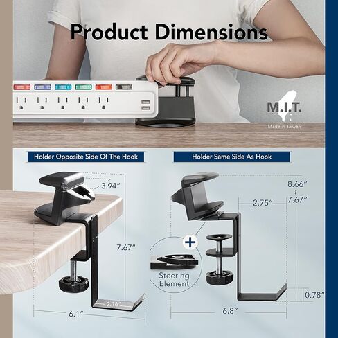 EHO Desk Clamp Power Strip Mount Holder with Bag Hook, Headphone Arm, 180° Rotatable Adjustable Under Desk Cable Management Organizer for Table, Office, Work Bench, No Drill Fits 1.6" to 2.4" Width in Kuwait