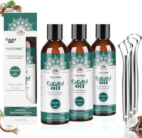 غسول الفم بزيت جوز الهند (8 أونصة سائلة)، زيت سحب غسول الفم بجوز الهند + النعناع لغسول الفم بالزيوت العطرية الطبيعية والفيتامين، يساعد على تحسين نظافة الفم ودعم اللثة الصحية، خالٍ من الصبغة، نفس منعش in Kuwait