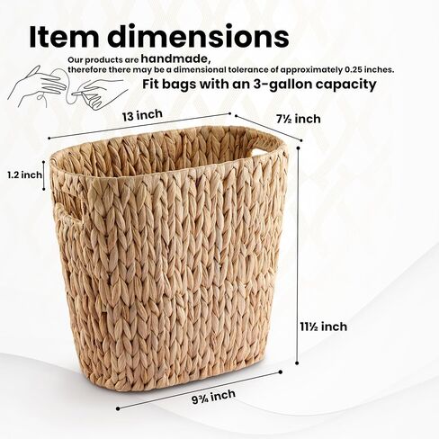 3.2 Gallons Wicker Woven Waste Basket - Water Hyacinth Trash Can with Handles - Seagrass Wastebaskets for Bedroom, Bathroom, Kitchen, Office - Handwoven Slim Trash Bin for Under Sink, Garbage in Saudi Arabia