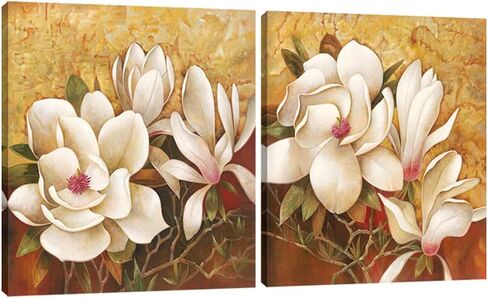 Pyradecor Magnolia Flowers Modern 2 Piece Stretched Floral Canvas Prints Oil Paintings Artwork Style Brown Pictures on Canvas Wall art for Living Room Bedroom Home Decorations in Saudi Arabia