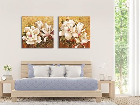 Pyradecor Magnolia Flowers Modern 2 Piece Stretched Floral Canvas Prints Oil Paintings Artwork Style Brown Pictures on Canvas Wall art for Living Room Bedroom Home Decorations in Saudi Arabia