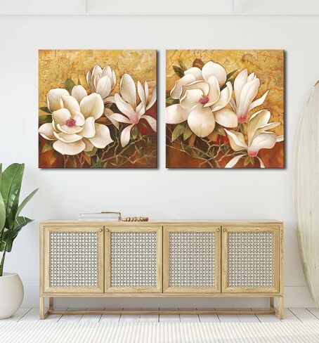 Pyradecor Magnolia Flowers Modern 2 Piece Stretched Floral Canvas Prints Oil Paintings Artwork Style Brown Pictures on Canvas Wall art for Living Room Bedroom Home Decorations in Saudi Arabia