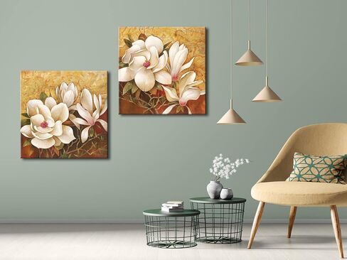 Pyradecor Magnolia Flowers Modern 2 Piece Stretched Floral Canvas Prints Oil Paintings Artwork Style Brown Pictures on Canvas Wall art for Living Room Bedroom Home Decorations in Saudi Arabia