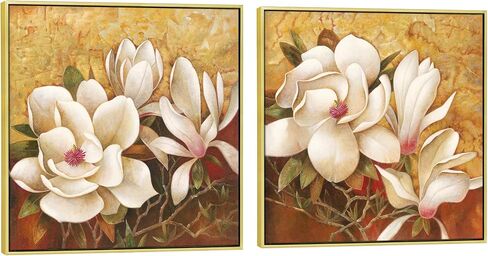 Pyradecor Magnolia Flowers Modern 2 Piece Stretched Floral Canvas Prints Oil Paintings Artwork Style Brown Pictures on Canvas Wall art for Living Room Bedroom Home Decorations in Saudi Arabia