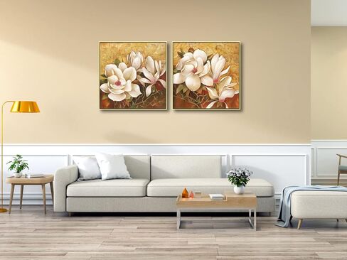 Pyradecor Magnolia Flowers Modern 2 Piece Stretched Floral Canvas Prints Oil Paintings Artwork Style Brown Pictures on Canvas Wall art for Living Room Bedroom Home Decorations in Saudi Arabia