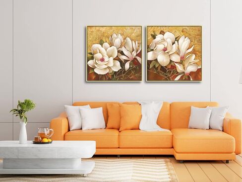 Pyradecor Magnolia Flowers Modern 2 Piece Stretched Floral Canvas Prints Oil Paintings Artwork Style Brown Pictures on Canvas Wall art for Living Room Bedroom Home Decorations in Saudi Arabia