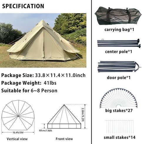 DANCHEL OUTDOOR B2 Portable Yurt Tent for 4/8 Person Family Camping Tent UPF50+, 4 Season Bell Tent with Stove Jack Large Hot Tent 300D Oxford Yurt House for All Year Living Glamping, 4m/5m in Kuwait
