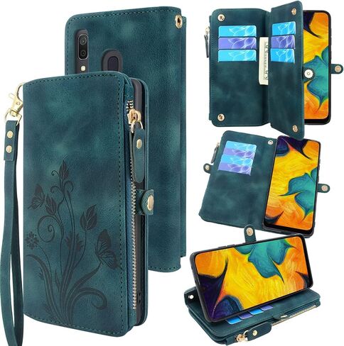 Lacass [Cards Theft Scan Protection Card Slots Holder Zipper Wallet Case Flip Leather Cover Wrist Strap Stand Carrying Pouch for Samsung Galaxy A20/A30/A50(Floral Purple) in Saudi Arabia