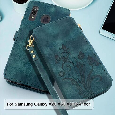 Lacass [Cards Theft Scan Protection Card Slots Holder Zipper Wallet Case Flip Leather Cover Wrist Strap Stand Carrying Pouch for Samsung Galaxy A20/A30/A50(Floral Purple) in Saudi Arabia