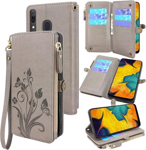 Lacass [Cards Theft Scan Protection Card Slots Holder Zipper Wallet Case Flip Leather Cover Wrist Strap Stand Carrying Pouch for Samsung Galaxy A20/A30/A50(Floral Purple) in Saudi Arabia