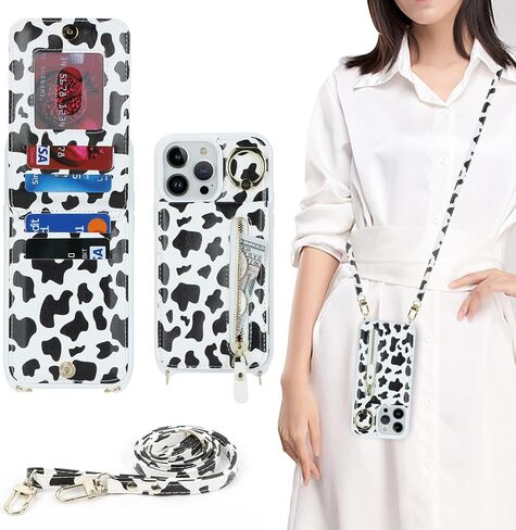 iphone 13 pro max case with strap, iPhone 13 pro max Case with Card Holder Credit Card Slots Crossbody with Zipper Case for iphone 13 pro max wallet case for women - Black in Kuwait