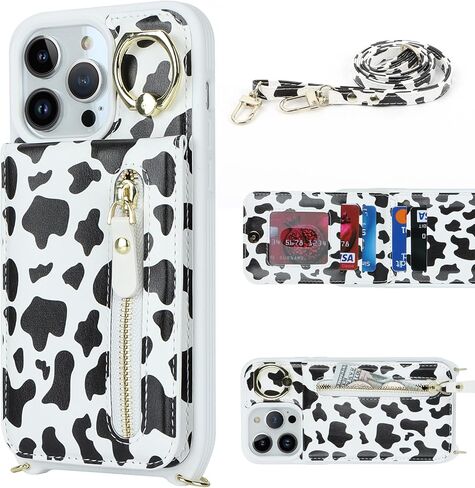 iphone 13 pro max case with strap, iPhone 13 pro max Case with Card Holder Credit Card Slots Crossbody with Zipper Case for iphone 13 pro max wallet case for women - Black in Kuwait