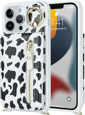 iphone 13 pro max case with strap, iPhone 13 pro max Case with Card Holder Credit Card Slots Crossbody with Zipper Case for iphone 13 pro max wallet case for women - Black in Kuwait