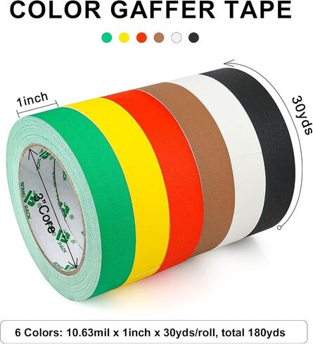 BOMEI PACK 6 Colors Gaffer Tape 1inch x 30yds, Matte Non-Reflective Theater Stage Tape, No Residue Hand Tear, for Cable, Photo Studio, Painters, Floors Marking Tape in Saudi Arabia