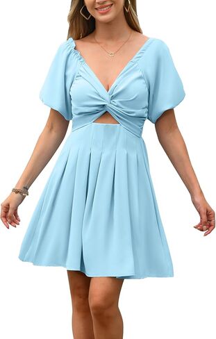 فستان نسائي صيفي قصير بأكمام منتفخة وخصر عالي فستان غير رسمي على شكل حرف A بدون أكتاف وعقدة أمامية مجوفة من الأمام فساتين صغيرة in Kuwait