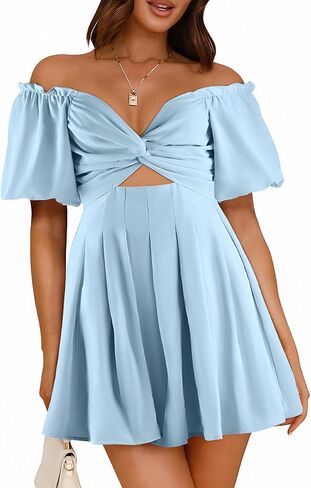 فستان نسائي صيفي قصير بأكمام منتفخة وخصر عالي فستان غير رسمي على شكل حرف A بدون أكتاف وعقدة أمامية مجوفة من الأمام فساتين صغيرة in Kuwait