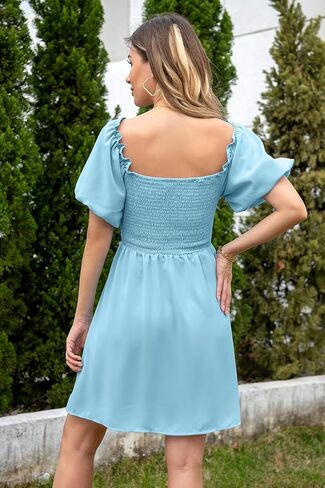 فستان نسائي صيفي قصير بأكمام منتفخة وخصر عالي فستان غير رسمي على شكل حرف A بدون أكتاف وعقدة أمامية مجوفة من الأمام فساتين صغيرة in Kuwait