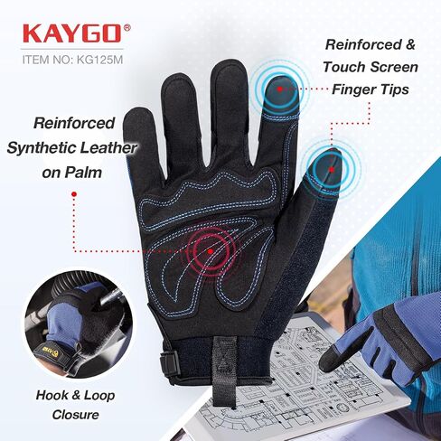 KAYGO Work Gloves For Men, KG125M Mechanic Utility Work Gloves for All Purpose, Excellent Grip, Heavy Duty, Improved Dexterity, Touch Screen, Large in Saudi Arabia