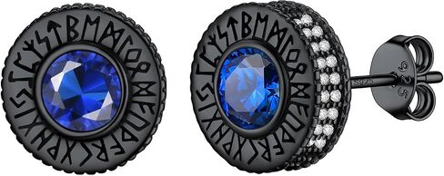 Round/Square Cubic Zirconia Studs Hypoallergenic Mens Earrings, Black Plated/925 Sterling Silver Viking Rune Earrings, Lightweight, Come with Box in Saudi Arabia