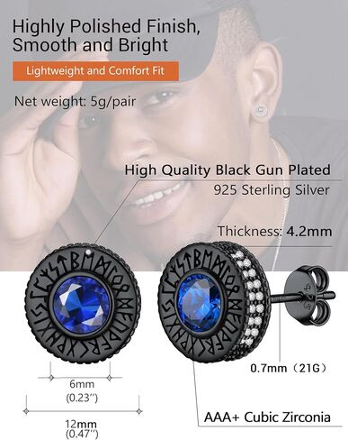 Round/Square Cubic Zirconia Studs Hypoallergenic Mens Earrings, Black Plated/925 Sterling Silver Viking Rune Earrings, Lightweight, Come with Box in Saudi Arabia