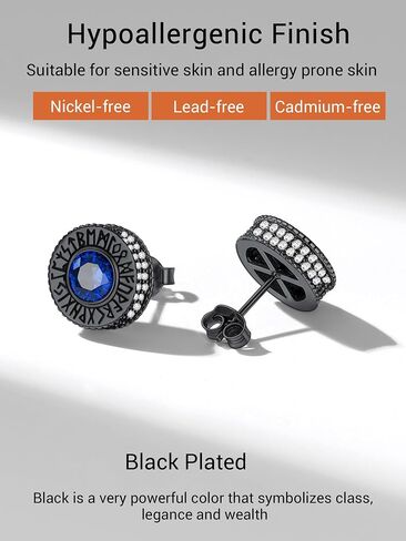 Round/Square Cubic Zirconia Studs Hypoallergenic Mens Earrings, Black Plated/925 Sterling Silver Viking Rune Earrings, Lightweight, Come with Box in Saudi Arabia