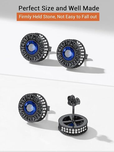 Round/Square Cubic Zirconia Studs Hypoallergenic Mens Earrings, Black Plated/925 Sterling Silver Viking Rune Earrings, Lightweight, Come with Box in Saudi Arabia