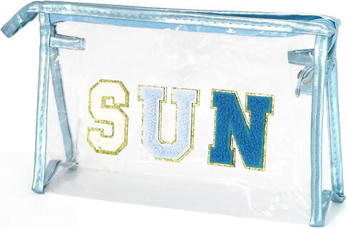 Clear Makeup Bag Preppy Patch SUN Cosmetic Bag Transparent PVC Zipper Toiletry Bag Portable Waterproof Travel Organizer Compliant Bag D1-TMHZB (Blue) in Saudi Arabia