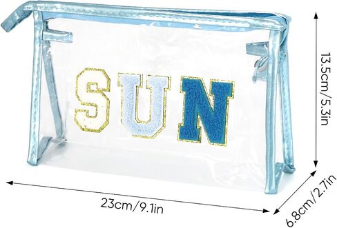 Clear Makeup Bag Preppy Patch SUN Cosmetic Bag Transparent PVC Zipper Toiletry Bag Portable Waterproof Travel Organizer Compliant Bag D1-TMHZB (Blue) in Saudi Arabia