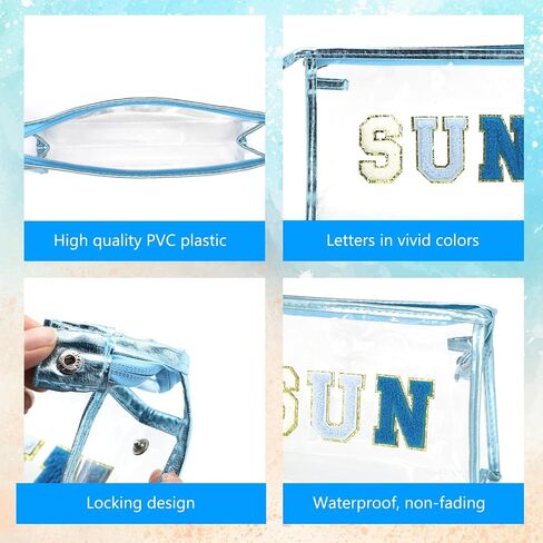 Clear Makeup Bag Preppy Patch SUN Cosmetic Bag Transparent PVC Zipper Toiletry Bag Portable Waterproof Travel Organizer Compliant Bag D1-TMHZB (Blue) in Saudi Arabia