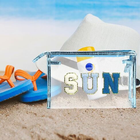 Clear Makeup Bag Preppy Patch SUN Cosmetic Bag Transparent PVC Zipper Toiletry Bag Portable Waterproof Travel Organizer Compliant Bag D1-TMHZB (Blue) in Saudi Arabia