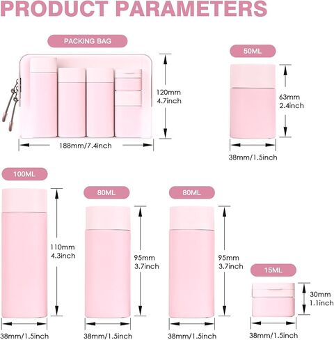 Travel Bottles for Toiletries, 5 Pack Travel Size Containers, TSA Approved Leak Proof Refillable Portable Travel Toiletry Bottles Set with Clear Toiletry Bag for Shampoo Conditioner, Lotion (Pink) in Saudi Arabia