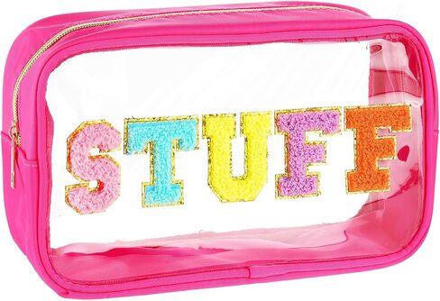 Lusofie Chenille Letter Bag Stuff Makeup Bag Preppy Clear Cosmetic Bags with Zipper Transparent PVC Waterproof Travel Toiletry Storage Bag for Women(Beige) in Saudi Arabia