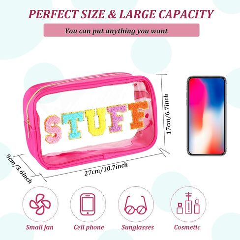 Lusofie Chenille Letter Bag Stuff Makeup Bag Preppy Clear Cosmetic Bags with Zipper Transparent PVC Waterproof Travel Toiletry Storage Bag for Women(Beige) in Saudi Arabia