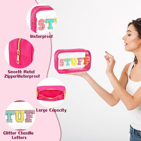 Lusofie Chenille Letter Bag Stuff Makeup Bag Preppy Clear Cosmetic Bags with Zipper Transparent PVC Waterproof Travel Toiletry Storage Bag for Women(Beige) in Saudi Arabia