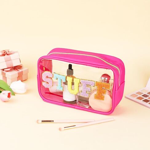 Lusofie Chenille Letter Bag Stuff Makeup Bag Preppy Clear Cosmetic Bags with Zipper Transparent PVC Waterproof Travel Toiletry Storage Bag for Women(Beige) in Saudi Arabia