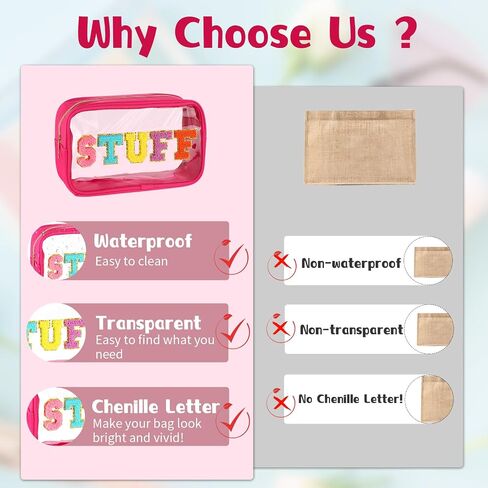 Lusofie Chenille Letter Bag Stuff Makeup Bag Preppy Clear Cosmetic Bags with Zipper Transparent PVC Waterproof Travel Toiletry Storage Bag for Women(Beige) in Saudi Arabia